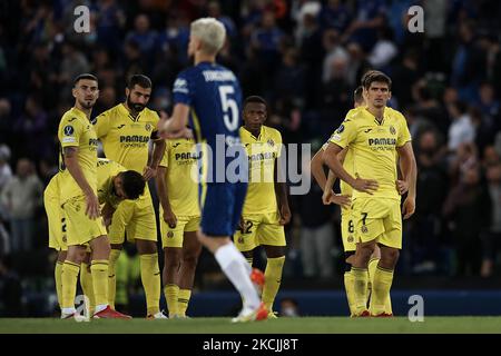 Villarreal`s Spieler schauen sich während des UEFA Super Cup Finales zwischen Chelsea CF und Villarreal CF im Windsor Park am 11. August 2021 in Belfast, Nordirland, Jorginko aus Chelsea an. (Foto von Jose Breton/Pics Action/NurPhoto) Stockfoto